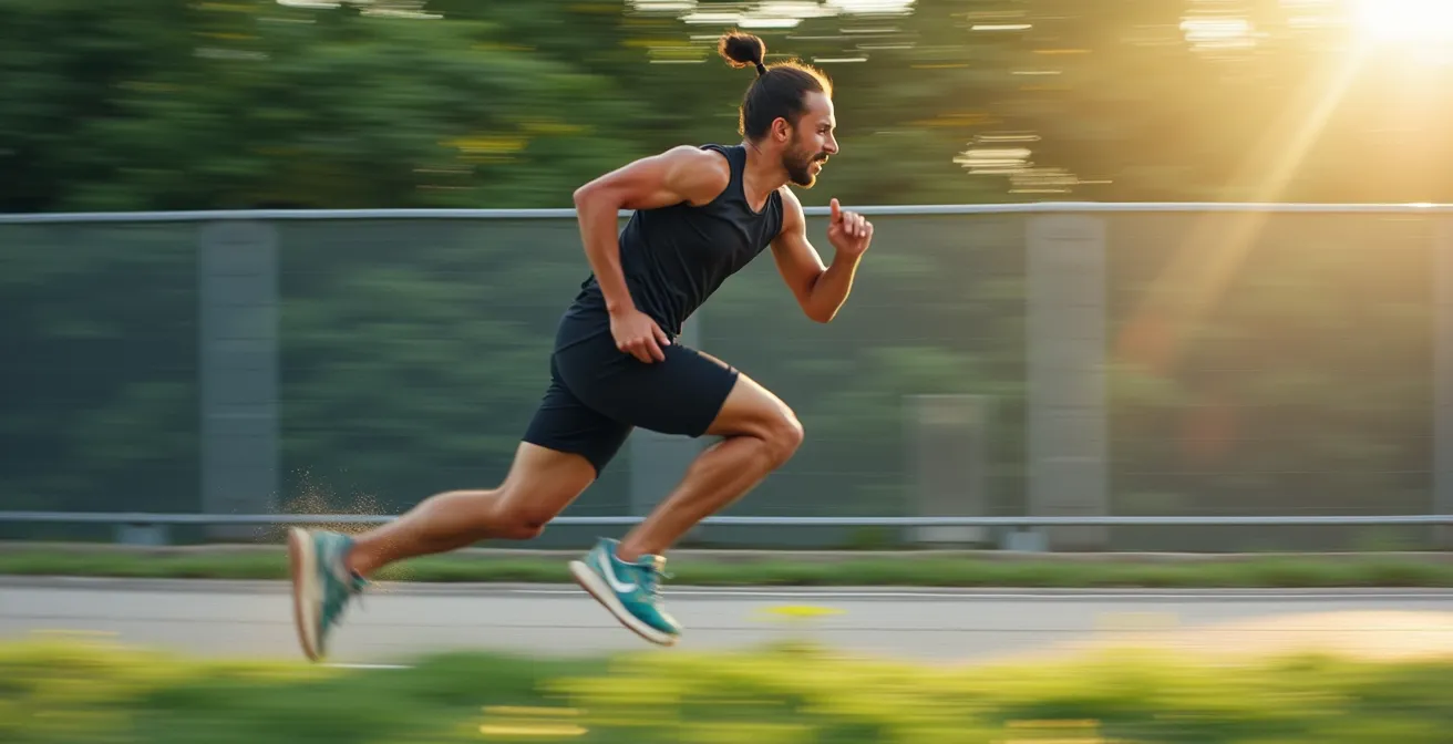 Photographie dynamique d’un sportif en mouvement rapide avec flou artistique en arrière-plan, symbolisant l’agilité et la coordination