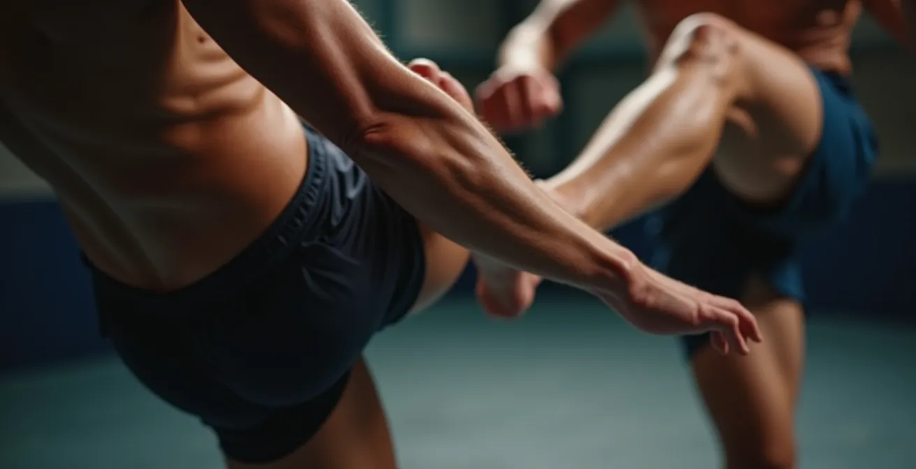 Photographie en gros plan d’un muscle de la jambe sollicité par un coup de pied avec texture de la peau visible et éclairage cinématographique