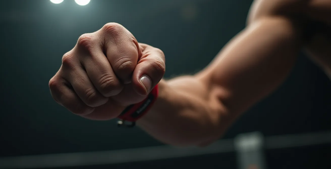 Photographie détaillée d’une main en position de coup de poing, montrant la tension musculaire et la texture de la peau dans un éclairage naturel doux