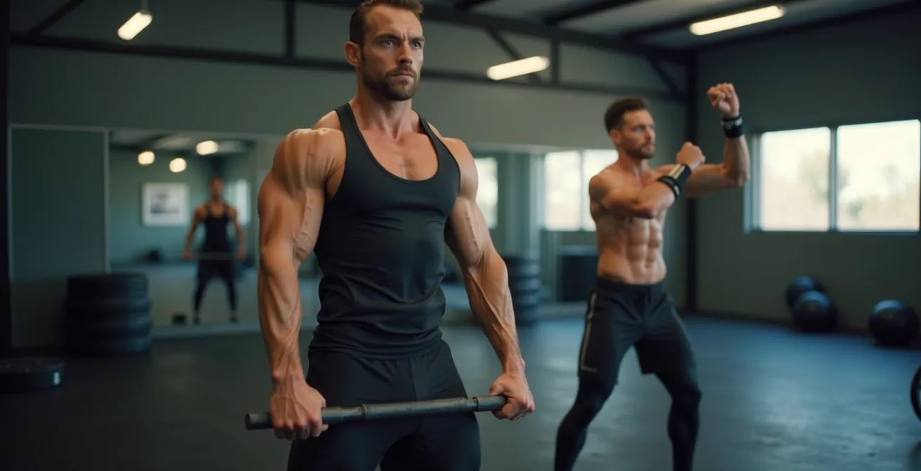 Photographie conceptuelle d’un gymnase moderne où une personne pratique un exercice de musculation en parallèle d’une autre en session de body combat, lumière naturelle
