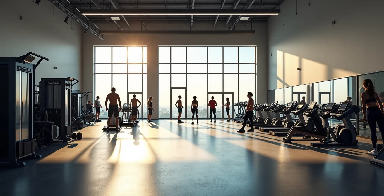 Vue environnementale d'une salle de sport avec différents espaces et atmosphères